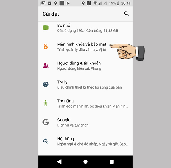 Vào cài đặt